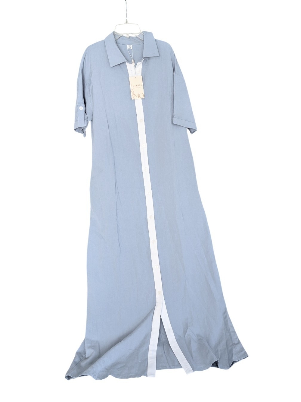 🔹 Modesees Chambray Blue Maxi Shirt Dress Colorblock Size L 🔹 - Picture 2 of 7
